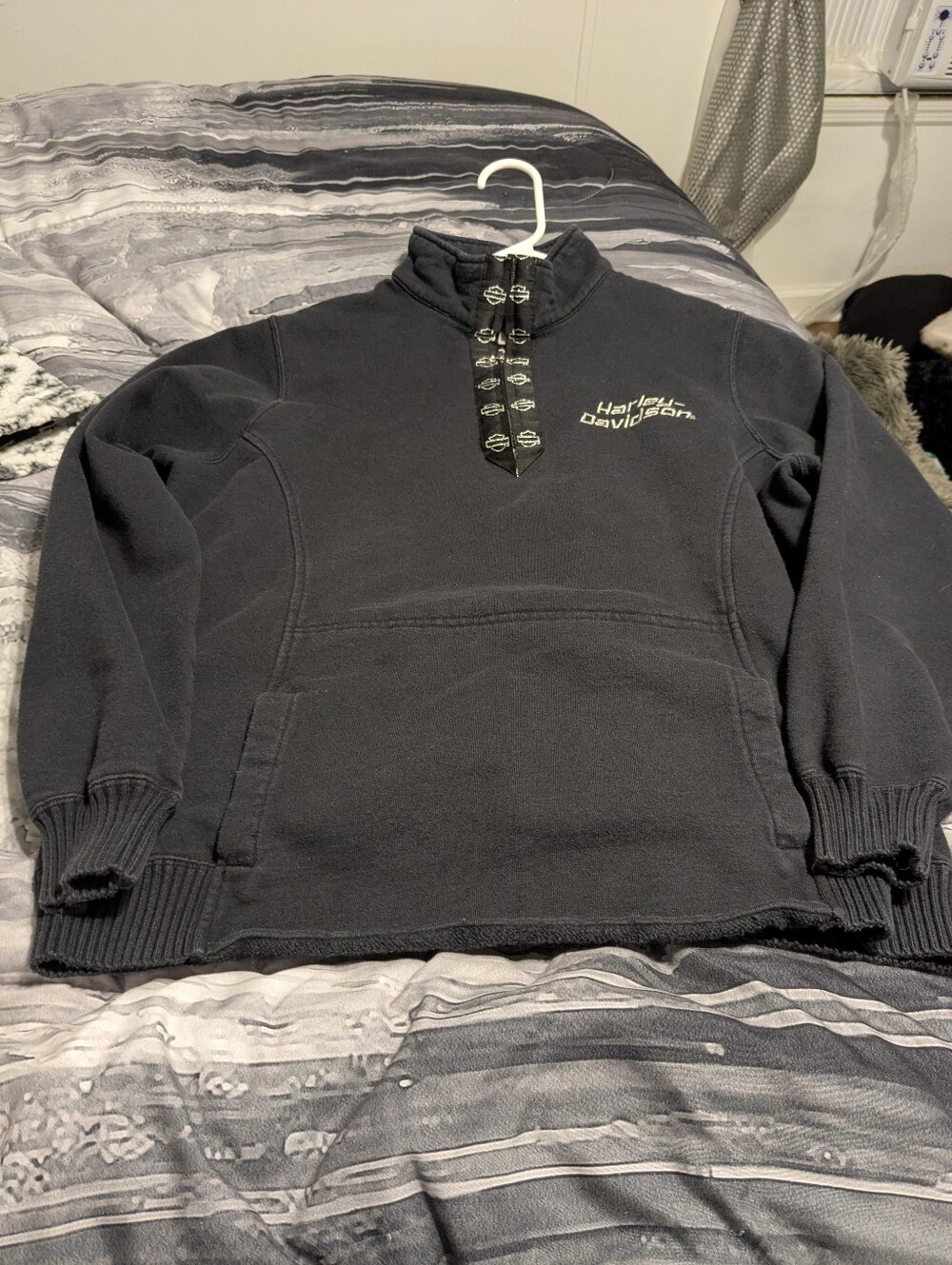 Harley-Davidson Black Zippered Crewneck Pullover with Logo Trim
